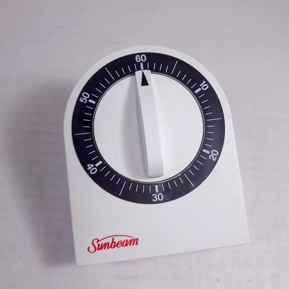 Sunbeam 60 minute kitchen egg timer‎ mechanical white plastic 90353 black dial